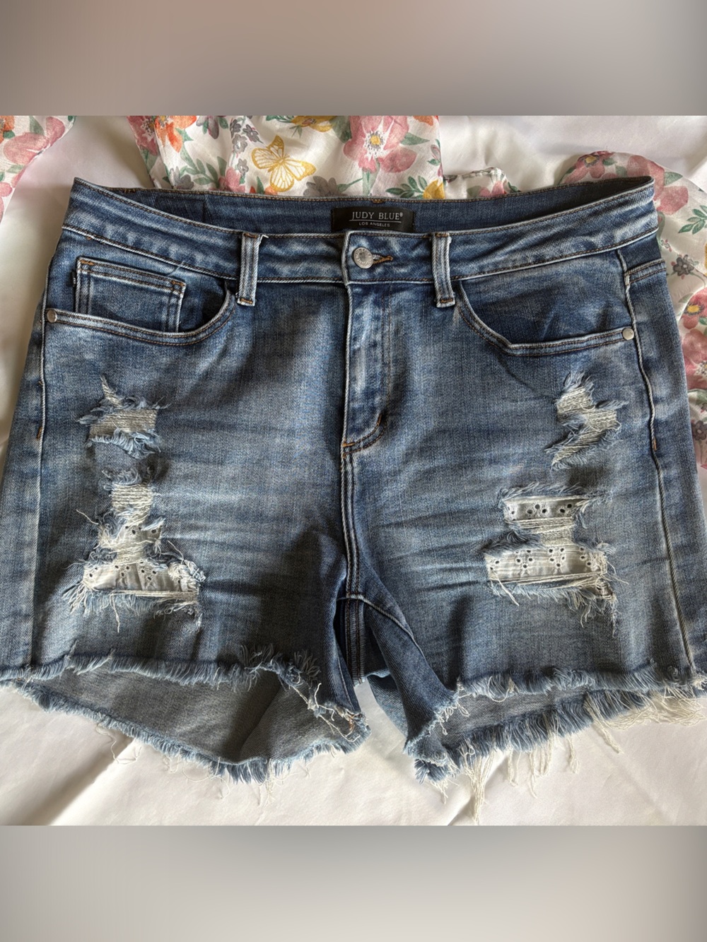 Judy Blue Distressed Light Blue Denim Shorts with Frayed Hem